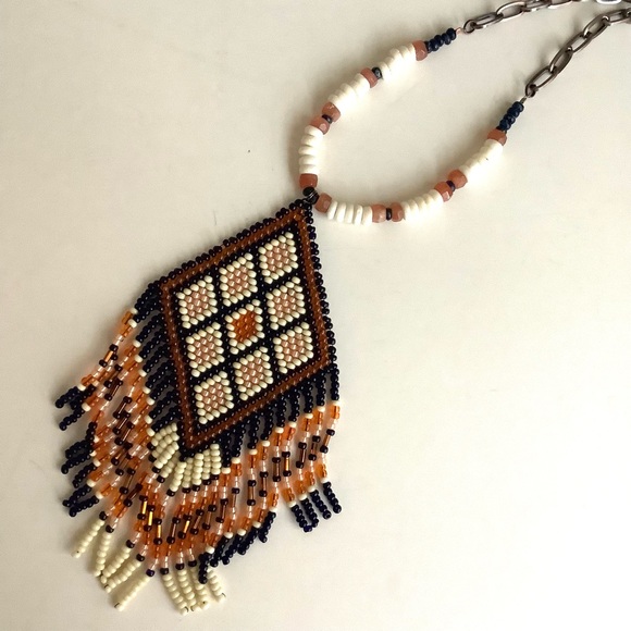 Sunstone and bone bead tribal pendant necklace in cream, royal blue - Picture 4 of 7